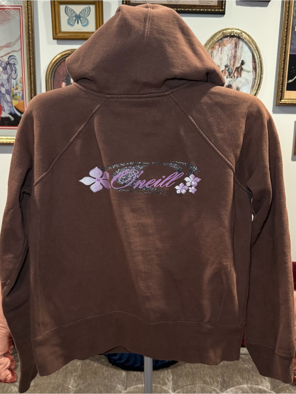 Y2K O'Neill Brown Hoodie with Pink Floral Logo and Glitter Accent